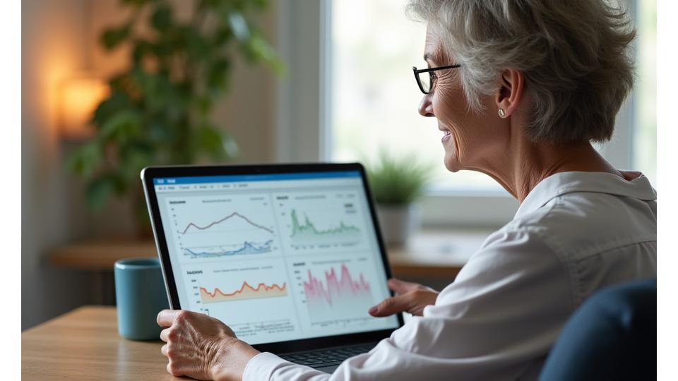 Γυναίκα 35+ να κοιτάζει προσεκτικά το tablet της, το οποίο δείχνει πολύχρωμα γραφήματα δεδομένων υγείας, σε ένα ήρεμο περιβάλλον.